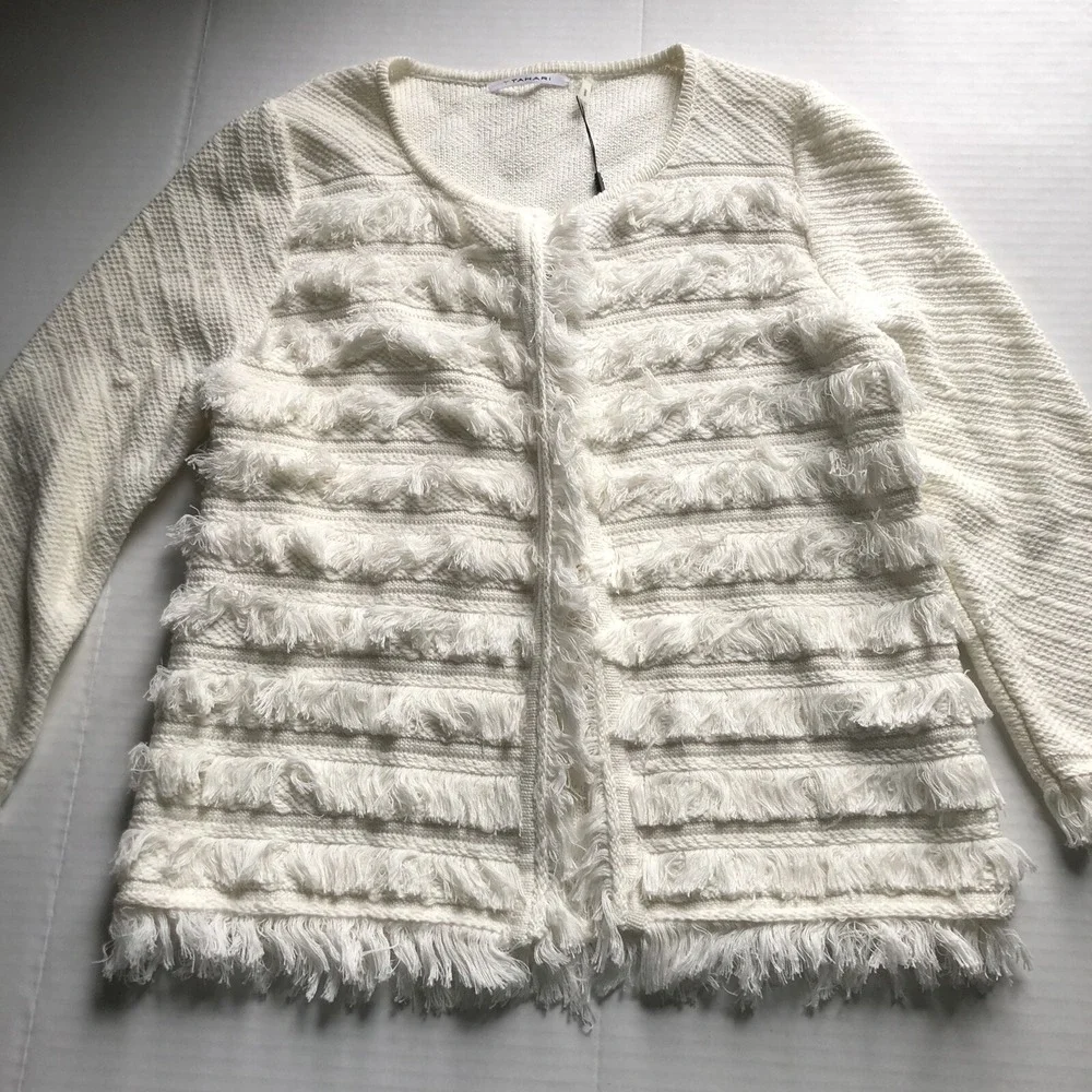 Tahari Ivory White Fiona Fringe Cardigan Sweater Sz M A1558